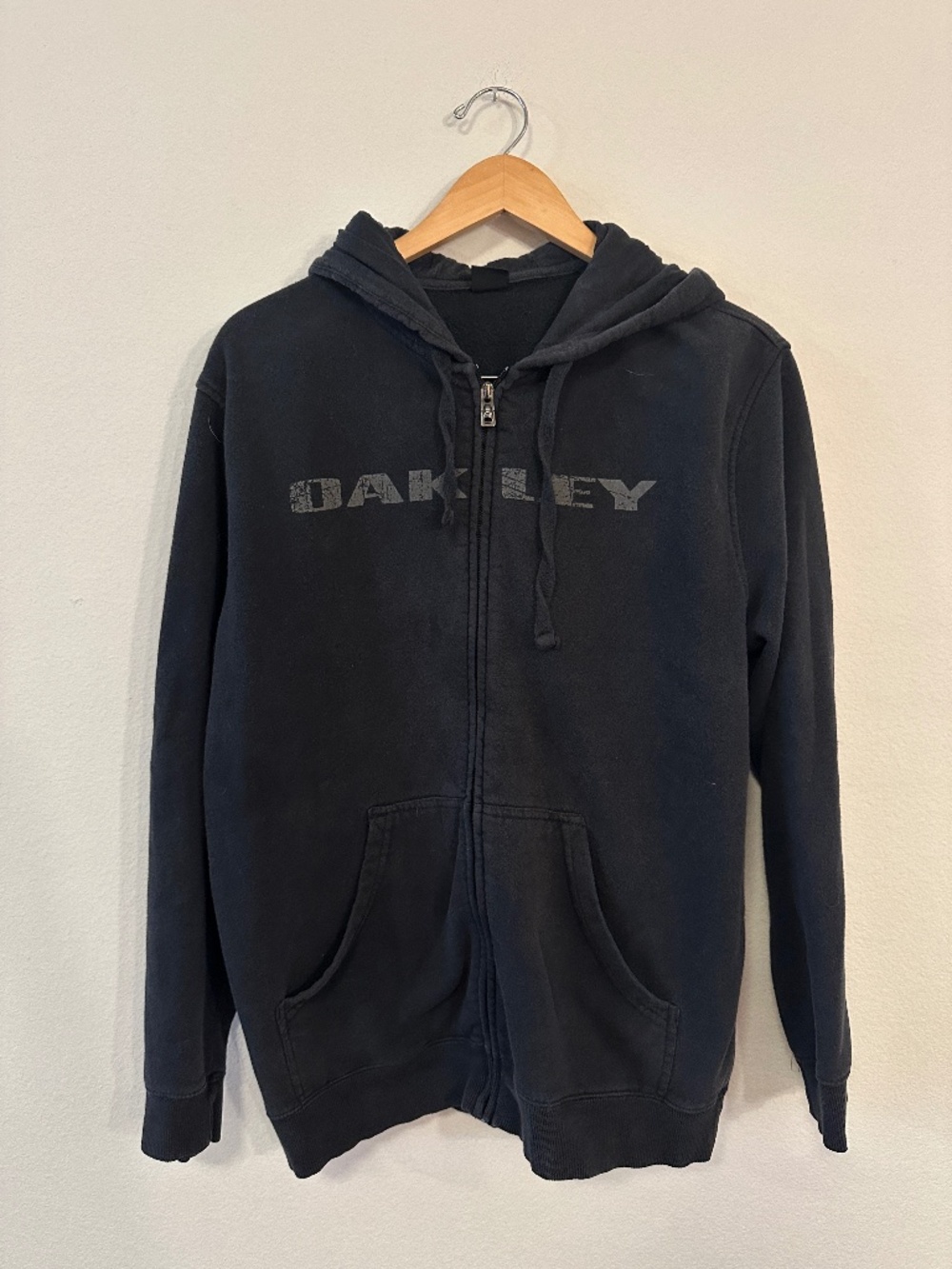 Oakley Full Zip Hoodie Sweatshirt Faded Black Spellout Graphic Men's Medium